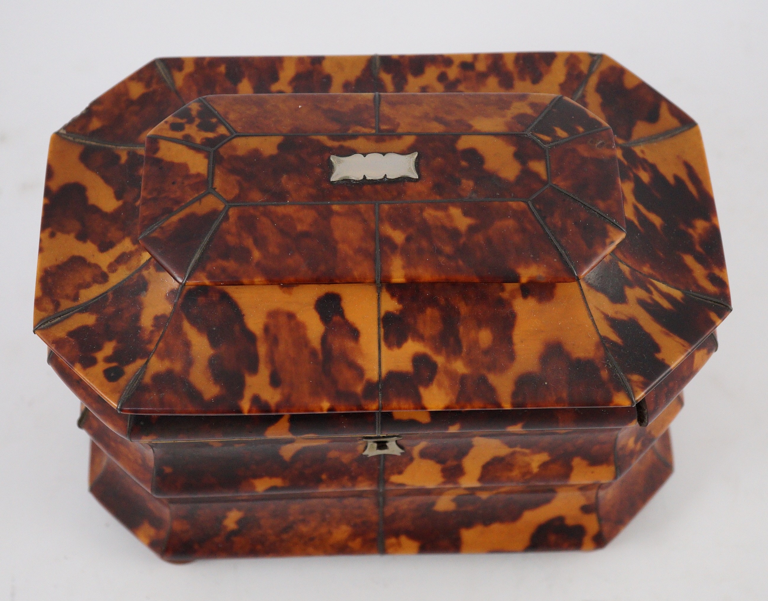 A Regency blond tortoiseshell sarcophagus shaped tea caddy, 18.5cm wide 11.5cm deep 14.5cm high